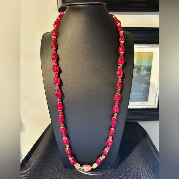 30", carved Ruby, tourmaline, rose quartz and glass artisan necklace! - Picture 11 of 12